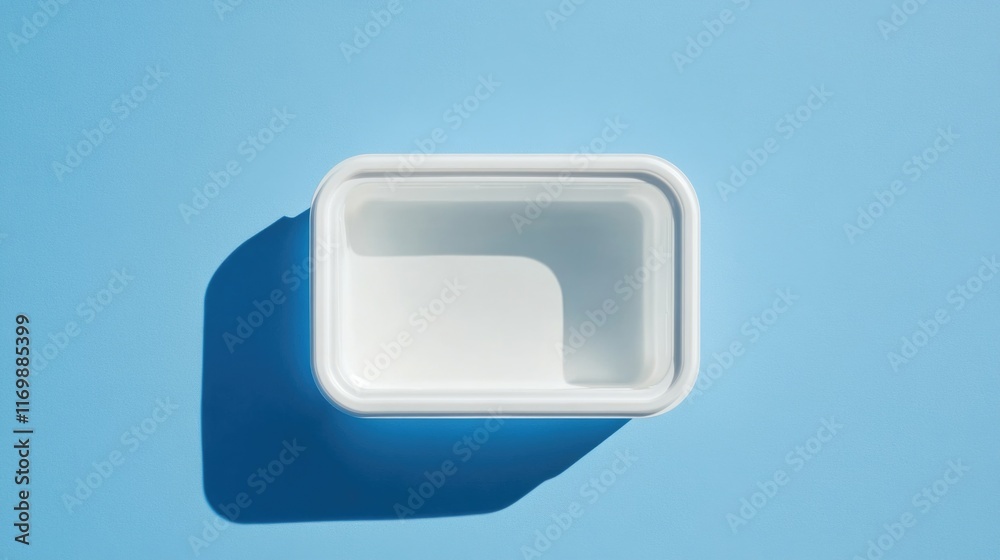 White container with a blue background. The container is empty. The blue background is bright and clear White container with a blue background. The container is empty. The blue background is bright and clear