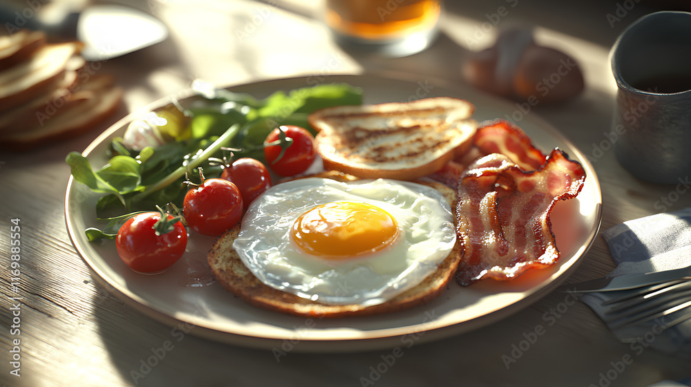 Classic Breakfast Plate with Fried Eggs, Bacon, Toast, and Fresh Vegetables
Classic Breakfast Plate with Fried Eggs, Bacon, Toast, and Fresh Vegetables