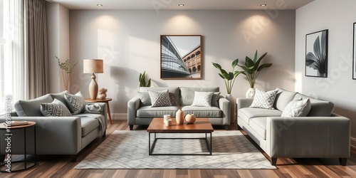 Modern living room interior with cozy sofa, coffee table, and decorative accents, sofa, cozy