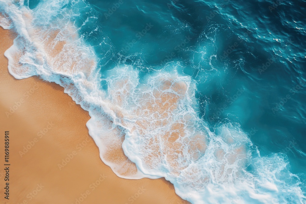 Beautiful scene of turquoise ocean waves lapping onto a sandy beach