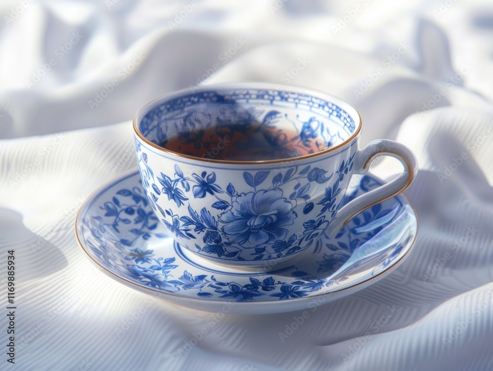 A classic blue and white ceramic tea cup and saucer, part of a traditional English tea service. Perfect for afternoon tea or breakfast tea. A classic blue and white ceramic tea cup and saucer, part of a traditional English tea service. Perfect for afternoon tea or breakfast tea.