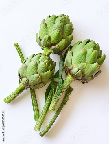 A cluster of unpeeled garlic bulbs with green stems and leaves, against a neutral background.