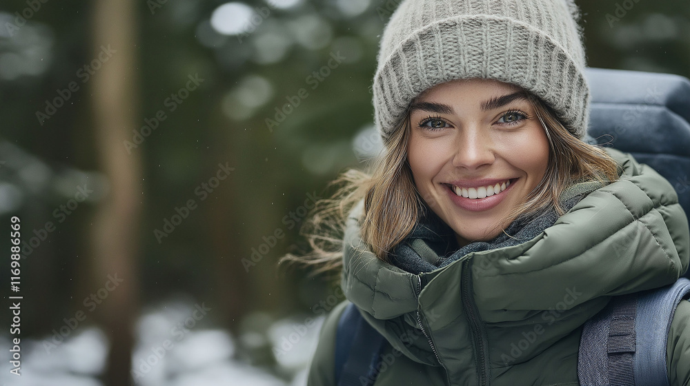 Traveling woman, wearing warm clothes. Forest background Traveling woman, wearing warm clothes. Forest background