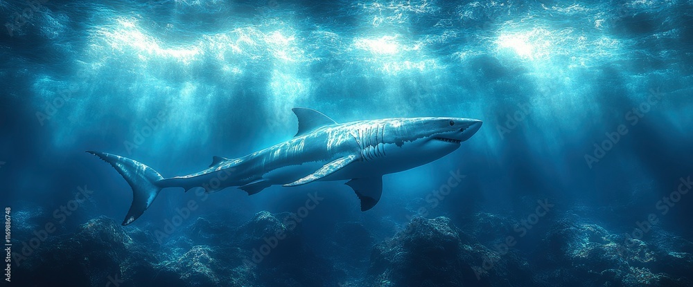 Fototapeta premium Majestic Great White Shark Underwater in Sunlit Ocean Depths