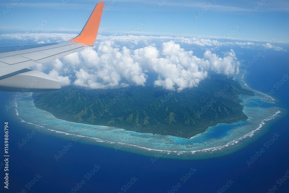 Obraz premium Aerial view of a tropical island, vibrant turquoise waters, lush green mountains, and fluffy white clouds. Perfect for travel, tourism, and vacation themes.