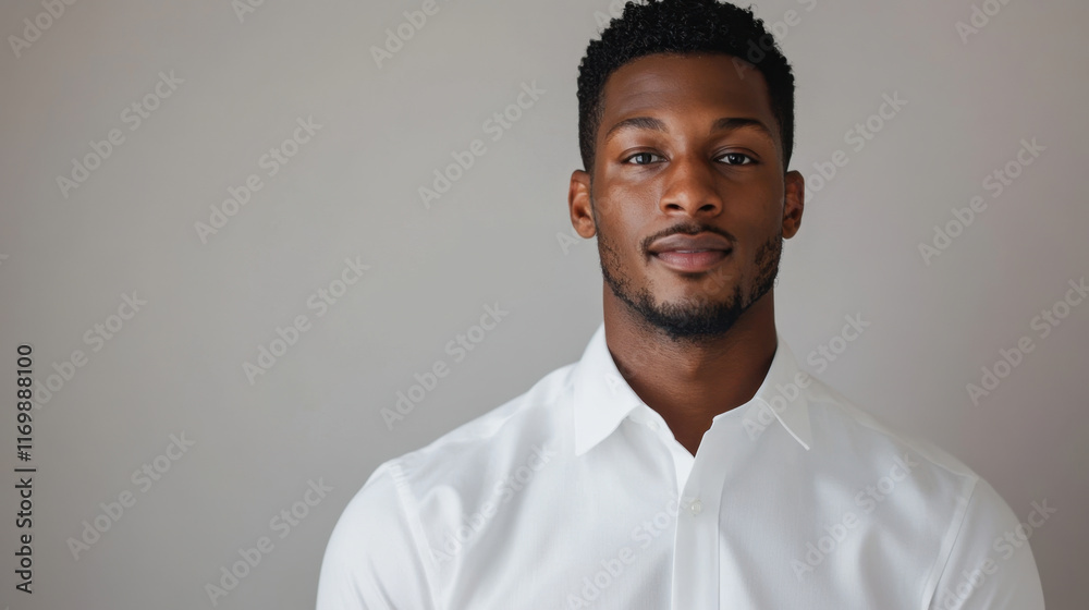 Fototapeta premium confident young man in white business shirt, exuding professionalism and charm. His expression reflects determination and approachability