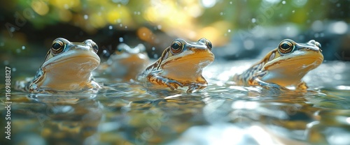 Three Frogs in a Sparkling Stream
