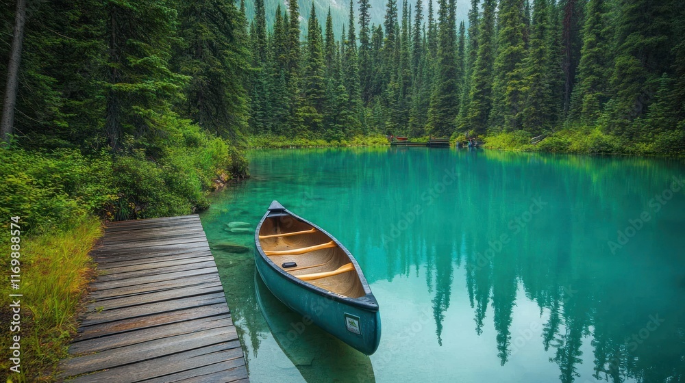 A serene lake with a canoe, surrounded by lush green trees and misty mountains. A serene lake with a canoe, surrounded by lush green trees and misty mountains.