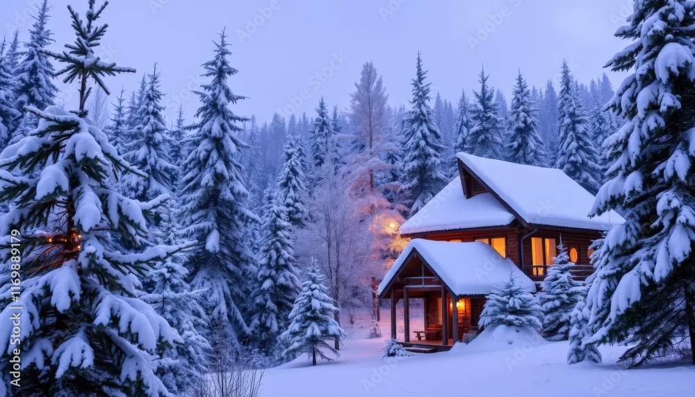 Cozy winter cabin nestled in a snowy forest at dusk Cozy winter cabin nestled in a snowy forest at dusk