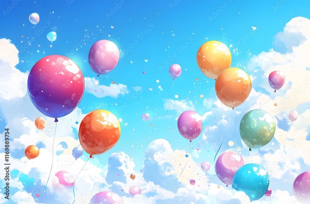 Colorful Balloons Floating in a Sunny Sky Colorful Balloons Floating in a Sunny Sky