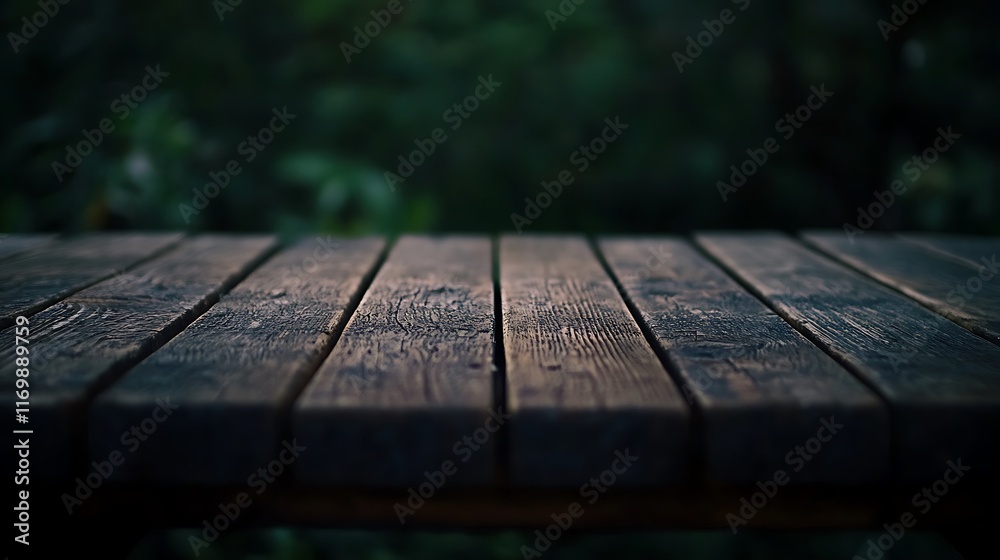 Dark Wooden Table in a Lush Green Forest Setting Dark Wooden Table in a Lush Green Forest Setting