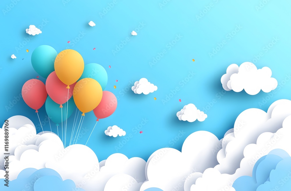 Colorful Balloons Floating Above Fluffy Clouds In A Blue Sky Colorful Balloons Floating Above Fluffy Clouds In A Blue Sky