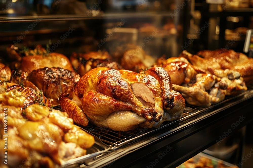 Golden Prepared Rotisserie Chickens in Deli Display Golden Prepared Rotisserie Chickens in Deli Display