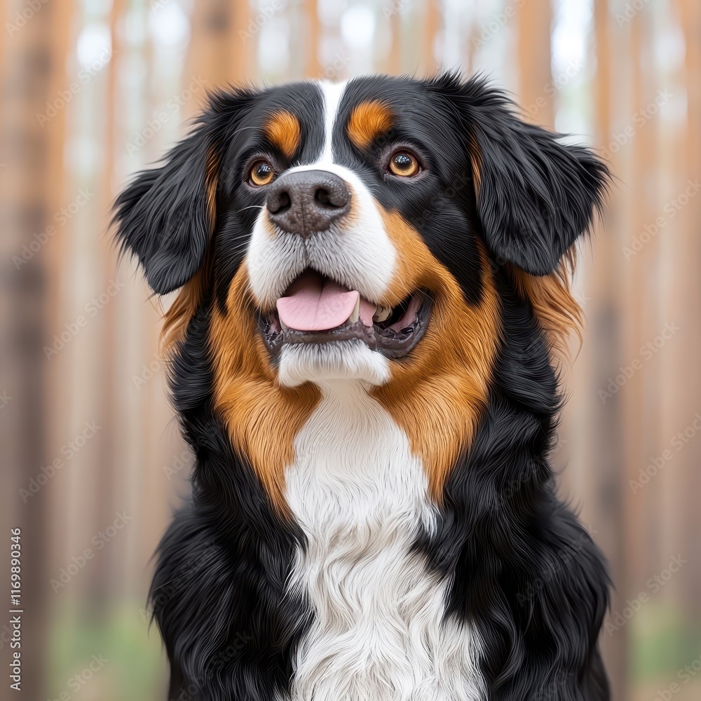 Majestic Bernese Mountain Dog Smiling in a Tranquil Forest Setting Majestic Bernese Mountain Dog Smiling in a Tranquil Forest Setting