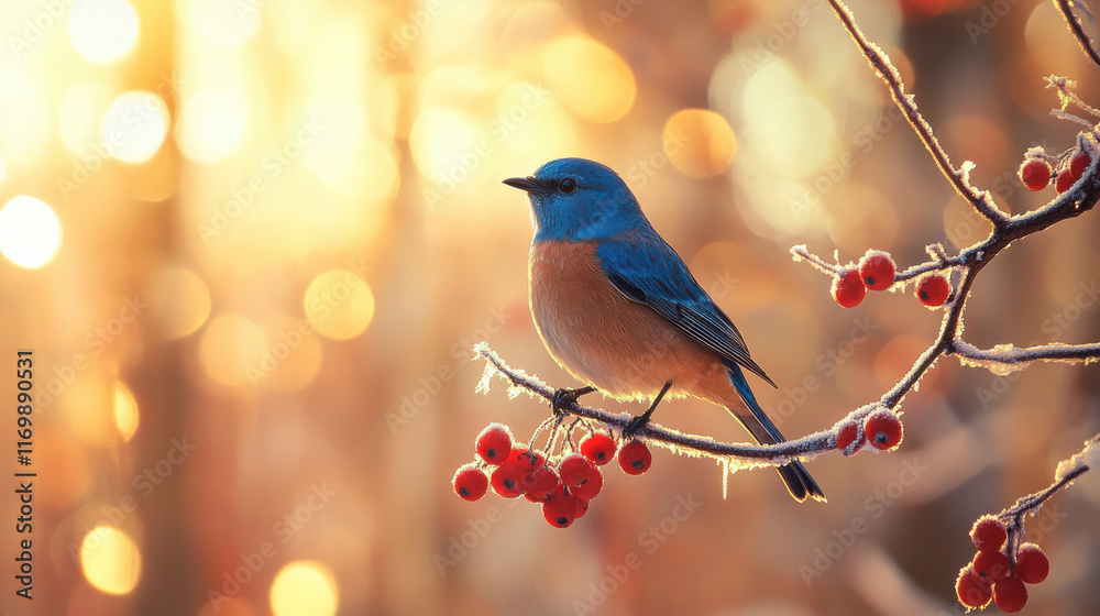 Obraz premium A lively woodland scene of a curious bluebird perched on a frost-tipped branch, surrounded by vibrant red berries and glowing icicles. The background features a soft, blurred forest with golden sunlig