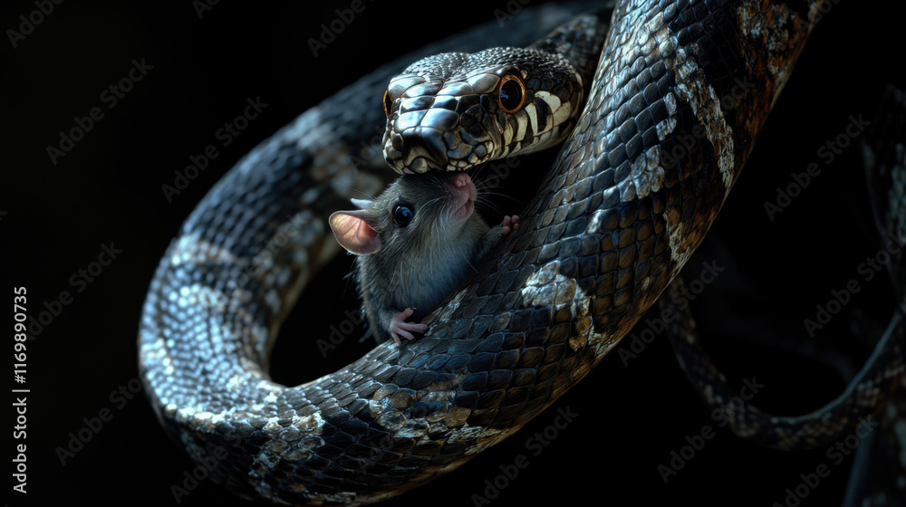 Fototapeta premium hyper realistic image of constrictor snake interacting with mouse, showcasing intricate details of their textures and expressions. scene evokes sense of nature raw beauty and tension