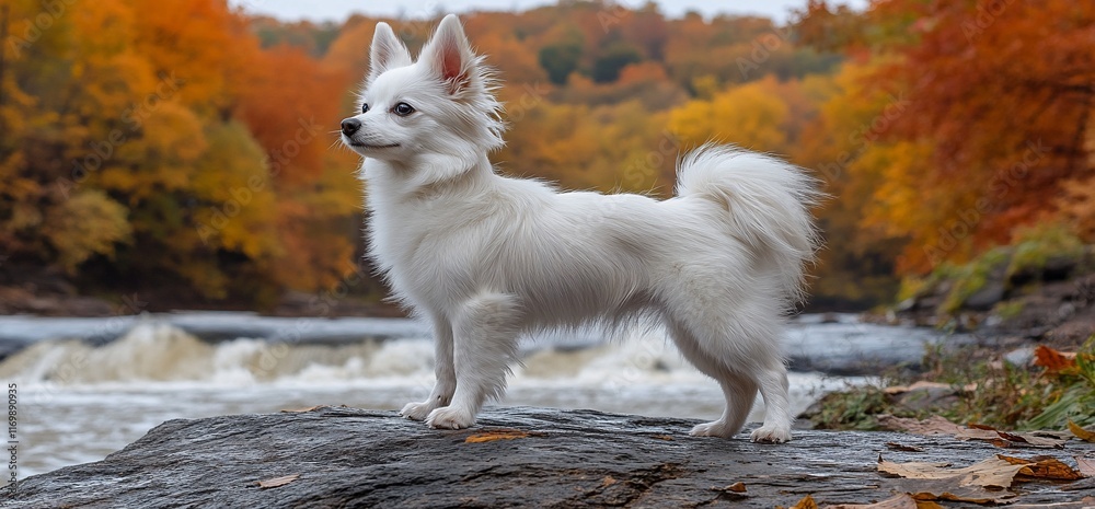 Fototapeta premium White fluffy dog standing on rock by autumn river.