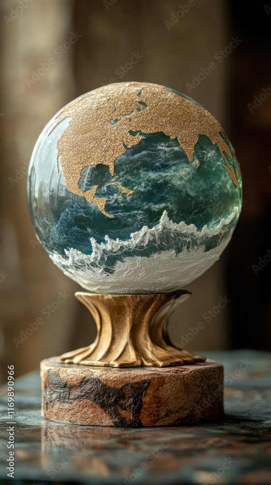 Rendering of Planet Earth Displayed on Wooden Stand Conceptual Landscape with Mountains and Oceans Seen Through Translucent Globe Rendering of Planet Earth Displayed on Wooden Stand Conceptual Landscape with Mountains and Oceans Seen Through Translucent Globe