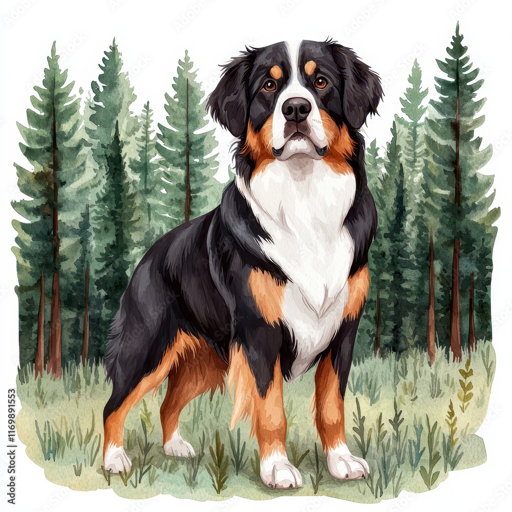 Majestic Bernese Mountain Dog Standing in Lush Green Forest Majestic Bernese Mountain Dog Standing in Lush Green Forest