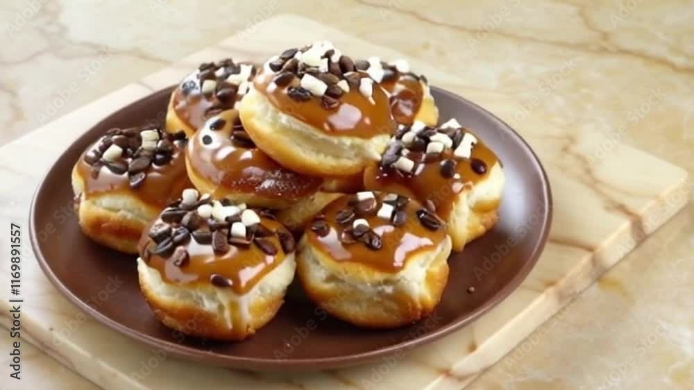 Espresso cronuts with caramel espresso glaze, coffee beans, and white chocolate curls arranged radially on beige marble Espresso cronuts with caramel espresso glaze, coffee beans, and white chocolate curls arranged radially on beige marble