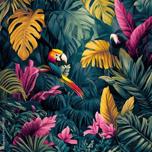 Vibrant parrot and toucan amidst lush tropical foliage. photo