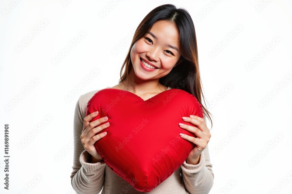 Young Woman Holding Red Heart Pillow, Perfect for Valentine's Day or Anniversary Gifts Young Woman Holding Red Heart Pillow, Perfect for Valentine's Day or Anniversary Gifts