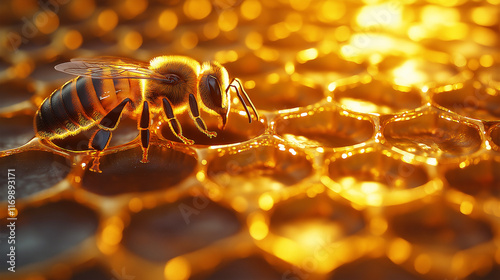 A honeybee gracefully perched on a golden honeycomb, bathed in warm sunlight, capturing the essence of nature's sweetness and tireless work.