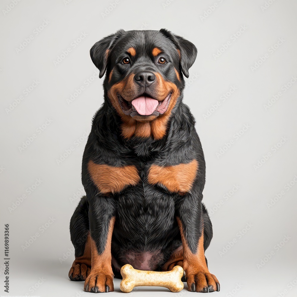 Playful Rottweiler Sitting Calmly with a Chew Bone in Studio Setting Playful Rottweiler Sitting Calmly with a Chew Bone in Studio Setting