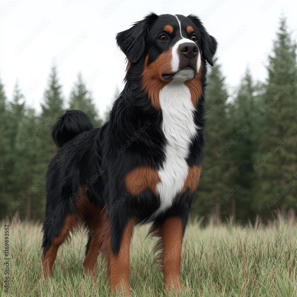 Majestic Bernese Mountain Dog Standing in Scenic Forest Clearing Majestic Bernese Mountain Dog Standing in Scenic Forest Clearing
