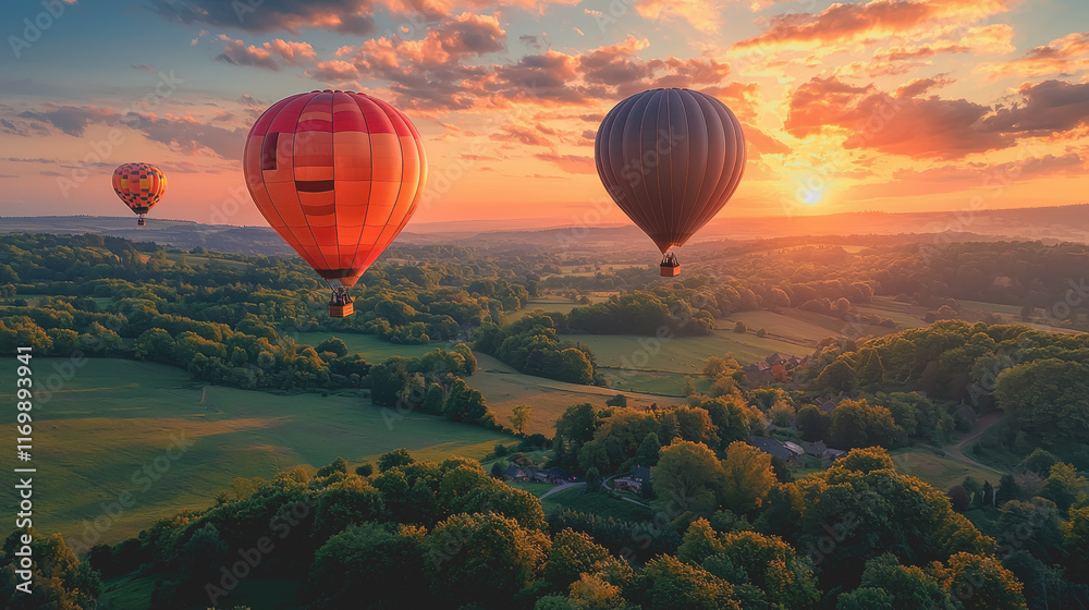 Fototapeta premium Couple of Colorful Hot Air Balloons Gracefully Soaring Over Lush Green Valley Surrounded by Rolling Hills and Vibrant Flora under a Clear Blue Sky Evoking Adventure and Serenity