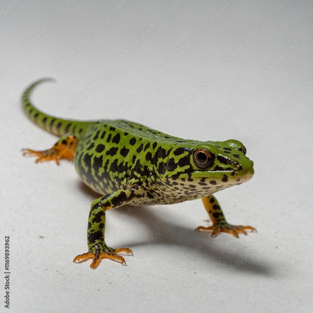 A spotted green newt mid-stride with a white background. A spotted green newt mid-stride with a white background.