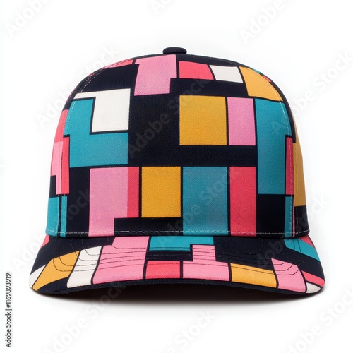 Colorful Geometric Cap with Abstract Shapes and Vibrant Patterns