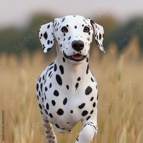 Playful Dalmatian Dog Running Through Golden Field During Daylight