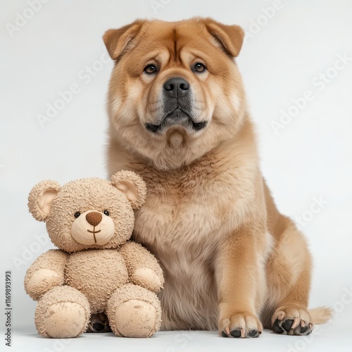 Adorable Dog Posing Next to Soft Toy Bear on Light Background