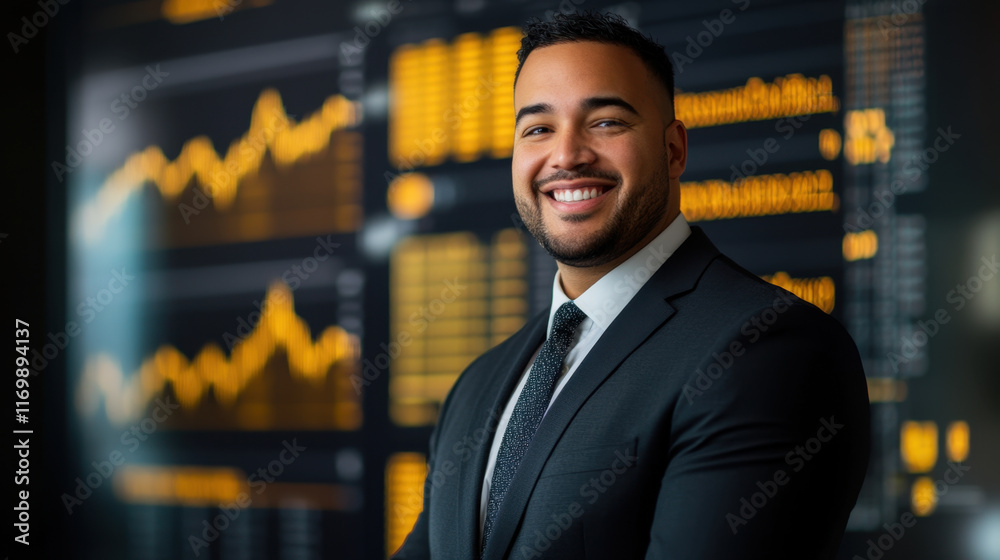 Fototapeta premium smiling man in formal attire stands confidently in front of financial chart, exuding professionalism and success. His expression reflects positivity and determination