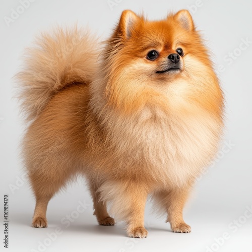 Adorable fluffy orange Pomeranian standing gracefully on white background