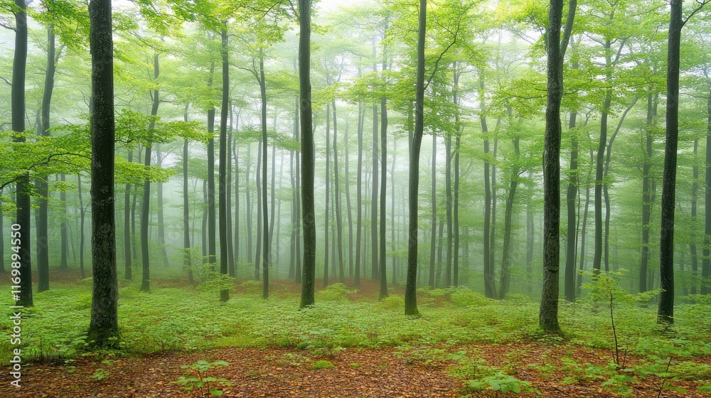Obraz premium A misty forest scene with tall trees and lush greenery, creating a serene atmosphere.