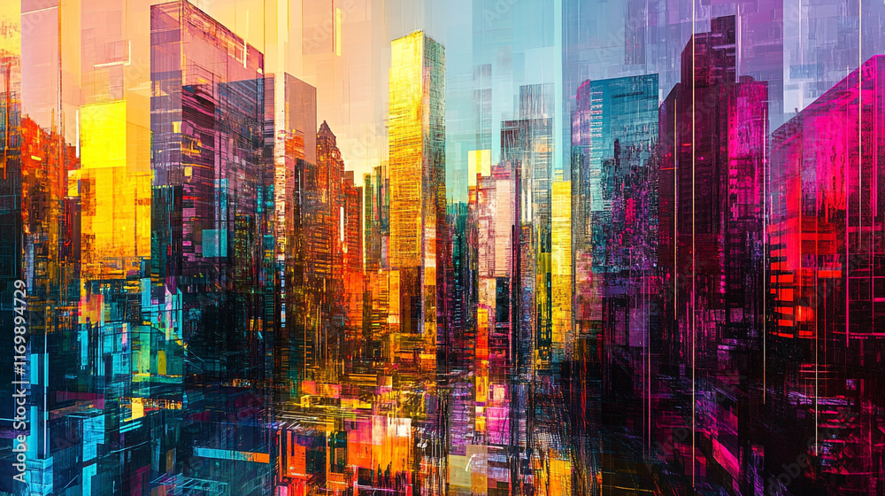 Abstract Cityscape with Vibrant neon light colorful Glass building, glass office or construction buildings and casting colorful reflections, cityscape at dawn with various glass covered building. Abstract Cityscape with Vibrant neon light colorful Glass building, glass office or construction buildings and casting colorful reflections, cityscape at dawn with various glass covered building.