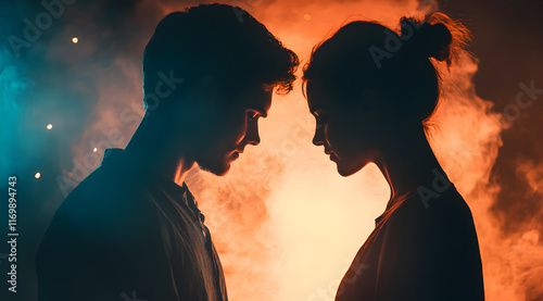 A dramatic silhouette of a couple facing each other against vibrant, colorful smoke, evoking a sense of intimacy and emotion.