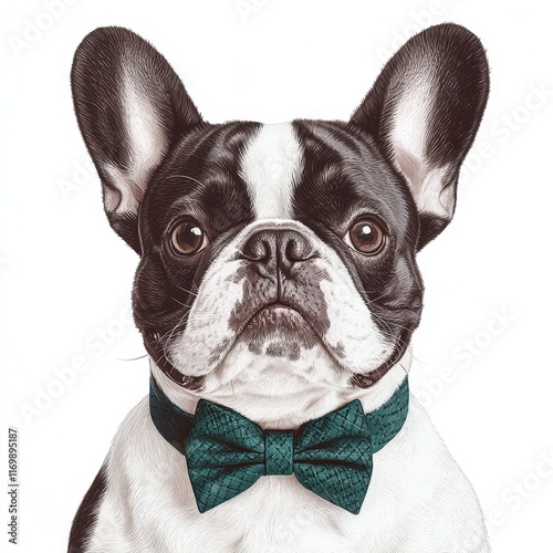 Charming French Bulldog with Bow Tie on White Background