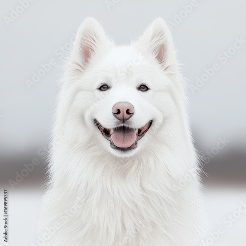 Happy Samoyed Dog with Fluffy White Coat Against Neutral Background