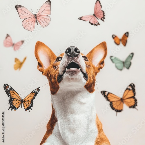 Playful Dog Surrounded by Colorful Butterflies in Bright Setting