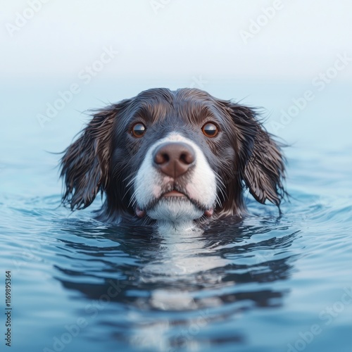 Curious Dog Swimming in Clear Blue Water with Gentle Waves