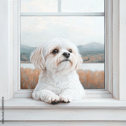 Cute white dog sitting on window sill with scenic view outside