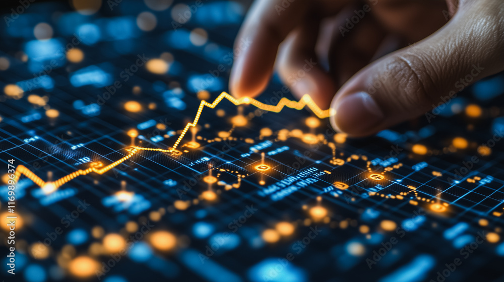 Hand is touching a graph with a downward trend. The graph is orange and blue, and it is a stock market graph. Scene is one of uncertainty and caution Hand is touching a graph with a downward trend. The graph is orange and blue, and it is a stock market graph. Scene is one of uncertainty and caution