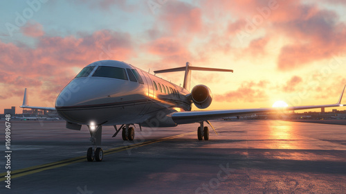 private jet parked on tarmac at sunset, showcasing luxury travel. vibrant sky adds dramatic backdrop to this elegant aircraft