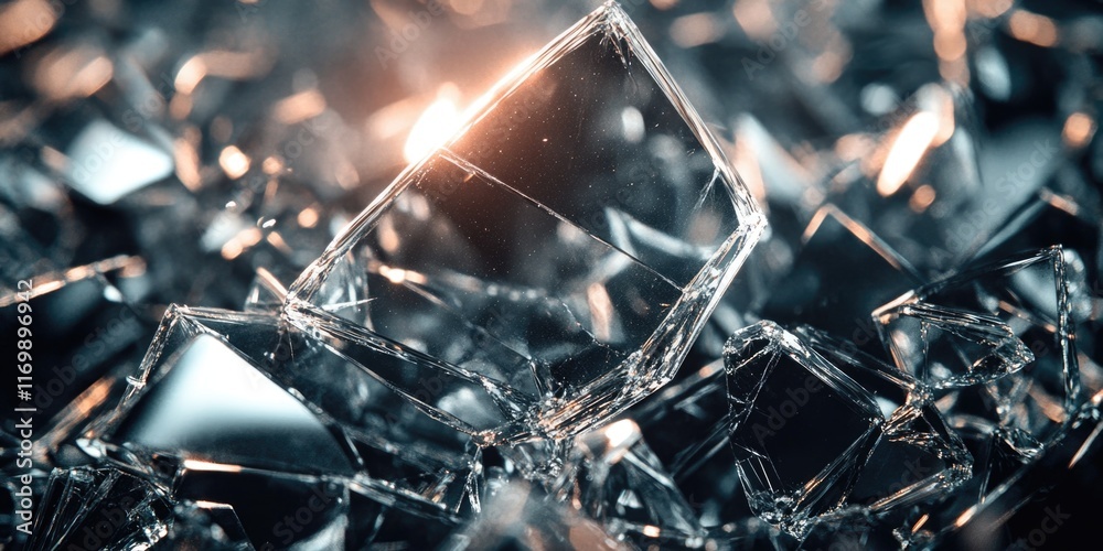 Fototapeta premium Close up of a pile of broken glass. Concept of fragility and vulnerability, as the broken pieces of glass are scattered and disjointed. The light shining on the glass adds a sense of depth