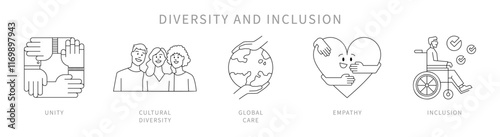 Conjunto de iconos de diversidad e inclusión. Unidad, diversidad cultural, cuidado global, empatía, inclusión. Ilustración vectorial