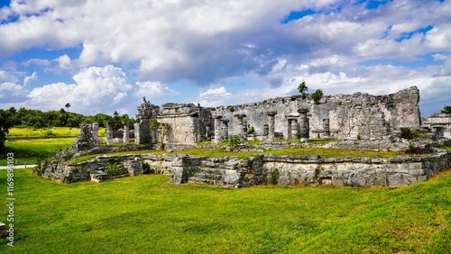 Temple of the Columns or Casa de las Columnas, a religious structure for ceremonies within the archaeological zone of the  late 13th century Mayan ruins of Tulum,Mexico photo