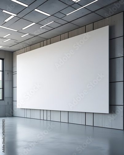 Futuristic minimalistic gallery room with bright lights  smooth metallic flooring  and a blank white canvas wall  perfect for exhibitions  creative displays  or modern artistic presentations.